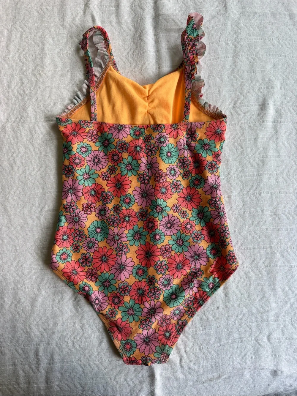 Cat & Jack Yellow Orange Floral Ruffle-Shoulder One-Piece Swim